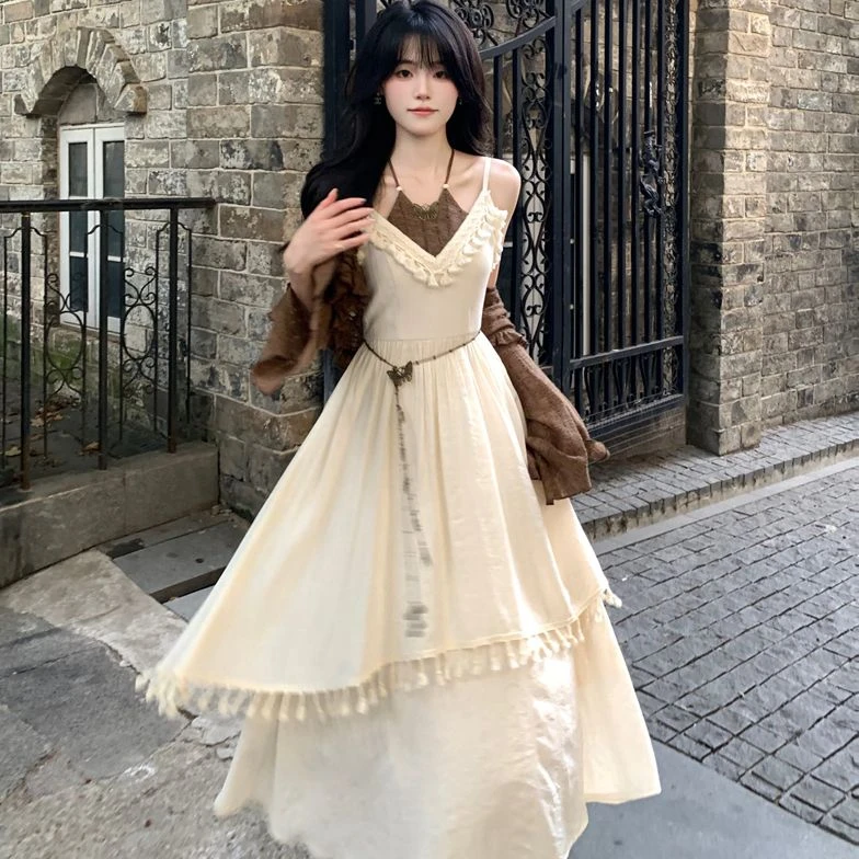 W胖颖专属大码春季新款复古气质棕开衫+显瘦连衣裙套装2853