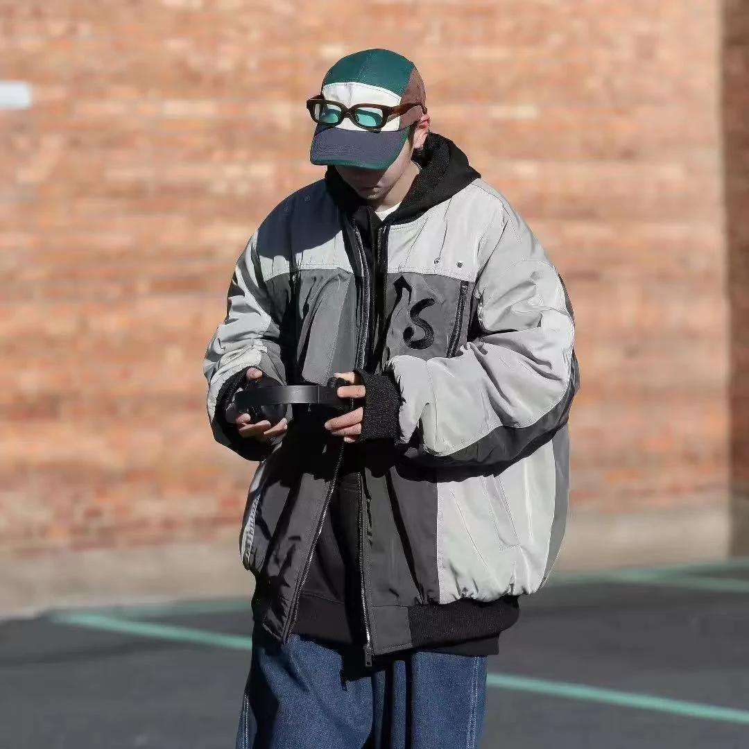 8825 秋冬季新款港风美式高街潮牌拼色立领飞行服夹克外套上衣