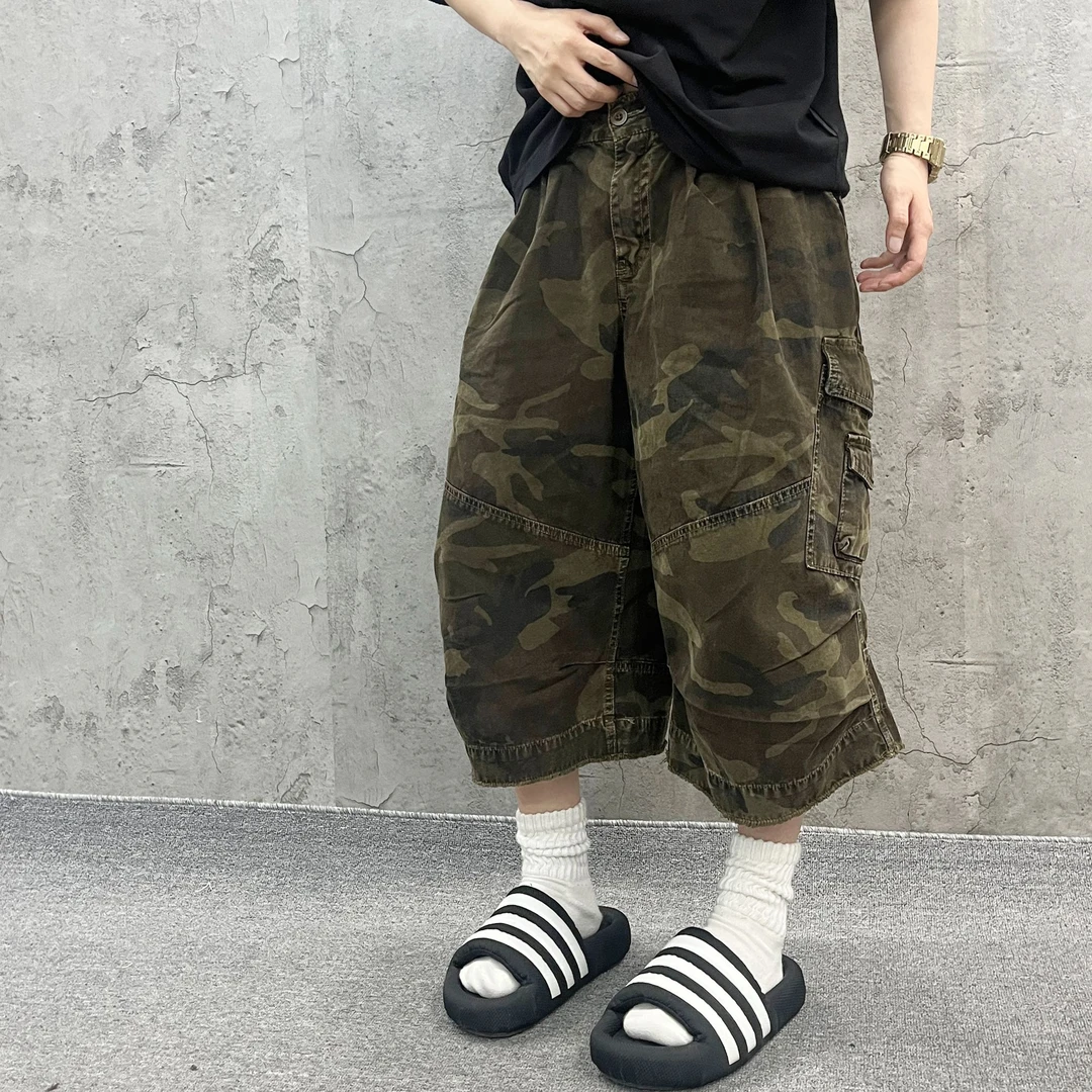 尹小鸡 美式复古重磅水洗成衣蜡染宽松工装迷彩七分裤男女 5556