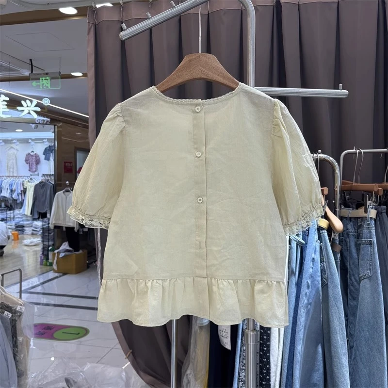 1166夏装新款泡泡袖蕾丝拼接衬衫女法式甜美圆领宽松上衣小衫