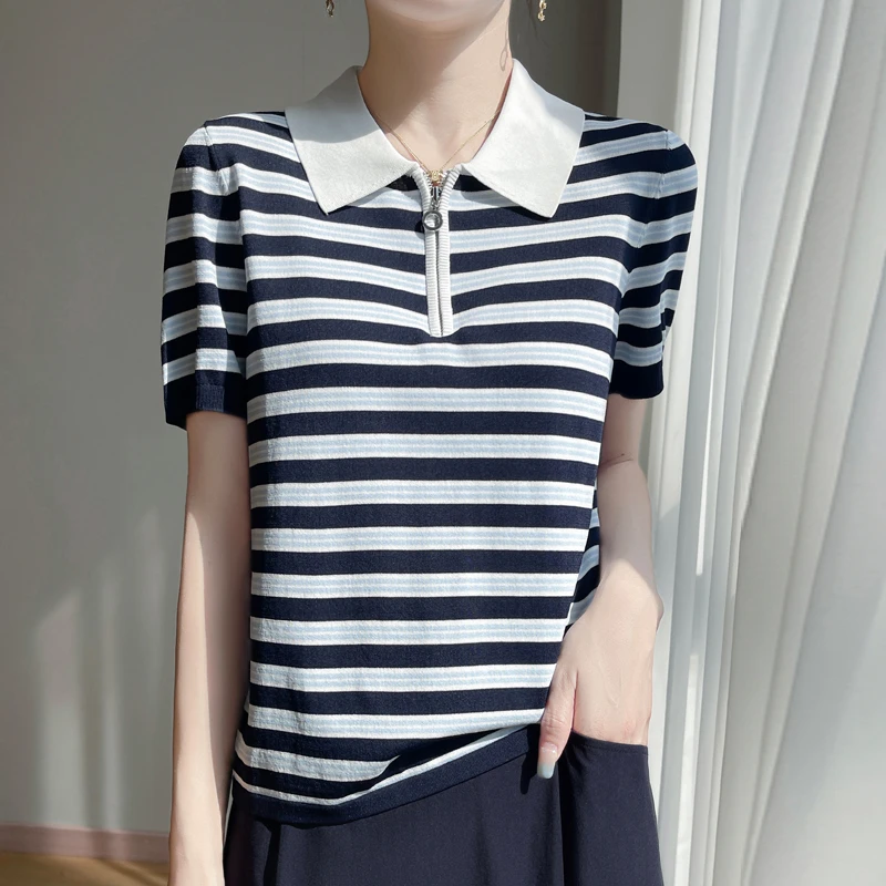 MMYS品牌时尚夏季条纹撞色冰丝针织衫条纹polo女装翻领时尚上衣