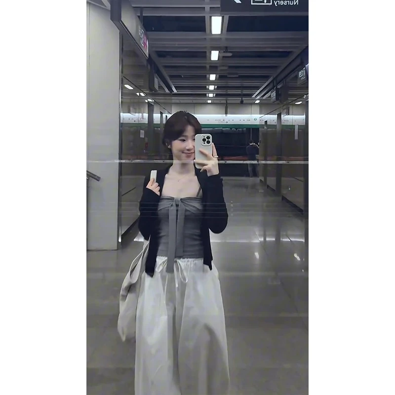 MARIE.COCO黑色长袖针织开衫蝴蝶结绑带抹胸背心休闲裤秋季三件套