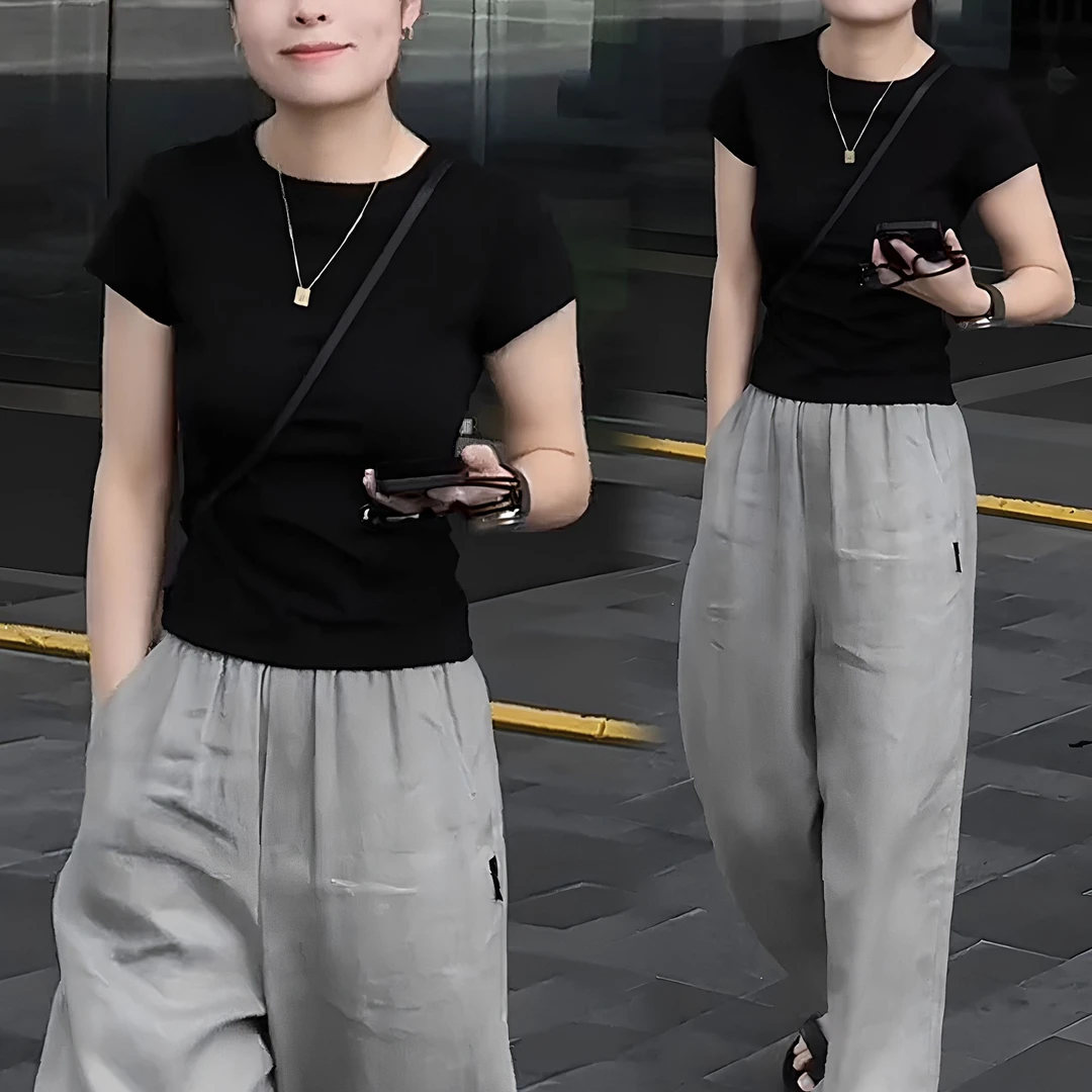 时尚套装女2025夏季新款修身炸街减龄短袖T恤高腰阔腿裤两件套潮