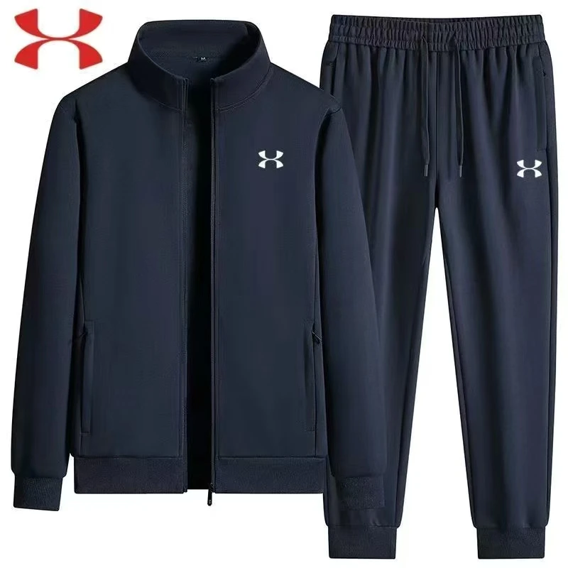 UA安德马新款男士运动套装春秋纯棉立领开衫休闲运动服外套两件套