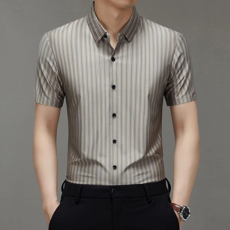 春/竹桑蚕丝夏季男士新款休闲高档薄款中年竖条无痕弹力衬衣衬衫