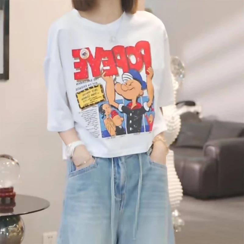 美式街头白色休闲风圆领短袖T恤女2025夏季新款时尚印花宽松上衣