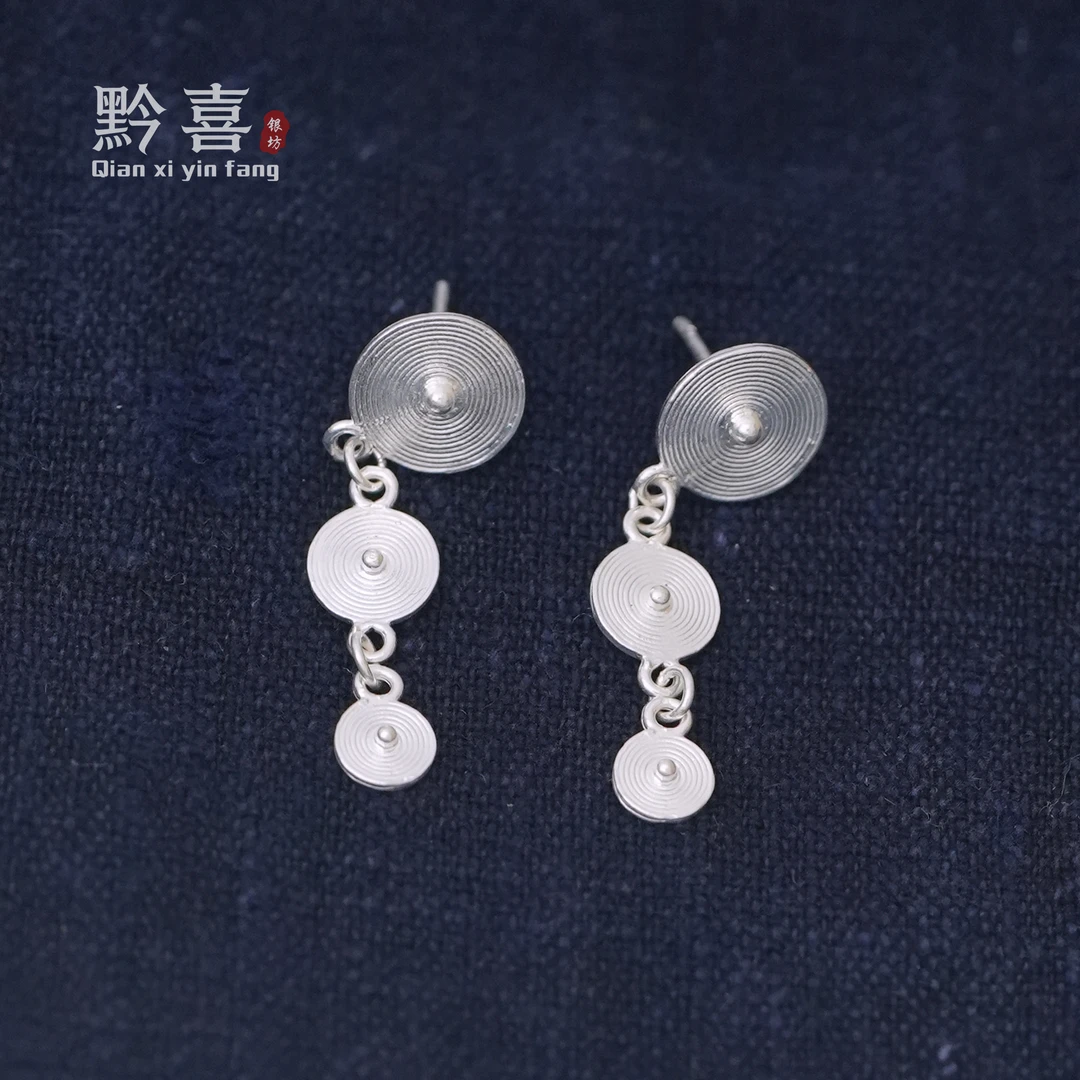 足银耳饰 【平安鼓耳钉】黔喜银坊三层鼓长款气质个性民族风复古