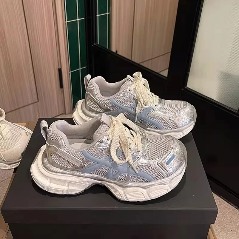 2025夏季新款真皮网面透气老爹鞋女轻便百搭厚底慢跑步休闲运动鞋