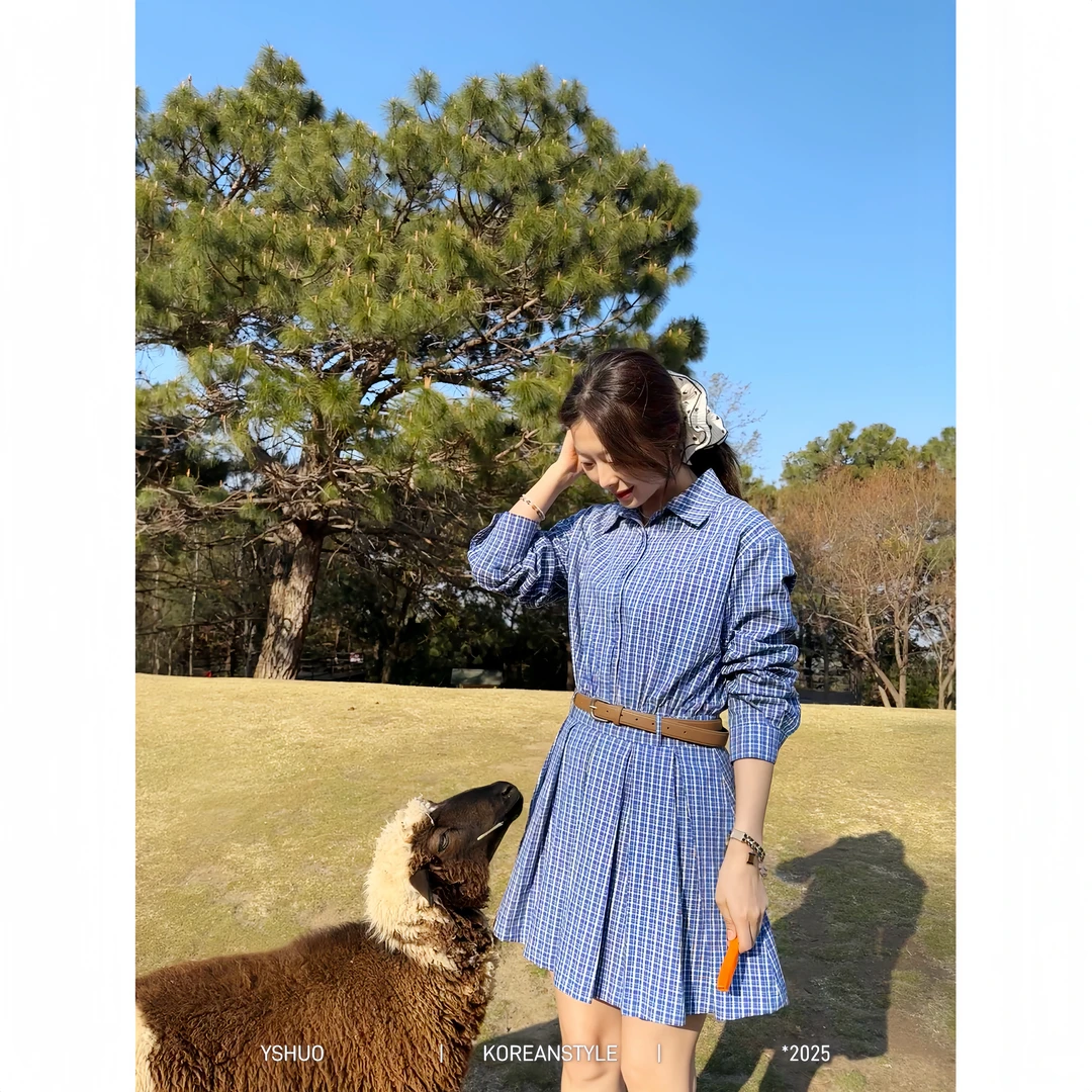 【天空之境】韩系学院风polo领衬衫气质百褶连衣裙 6690