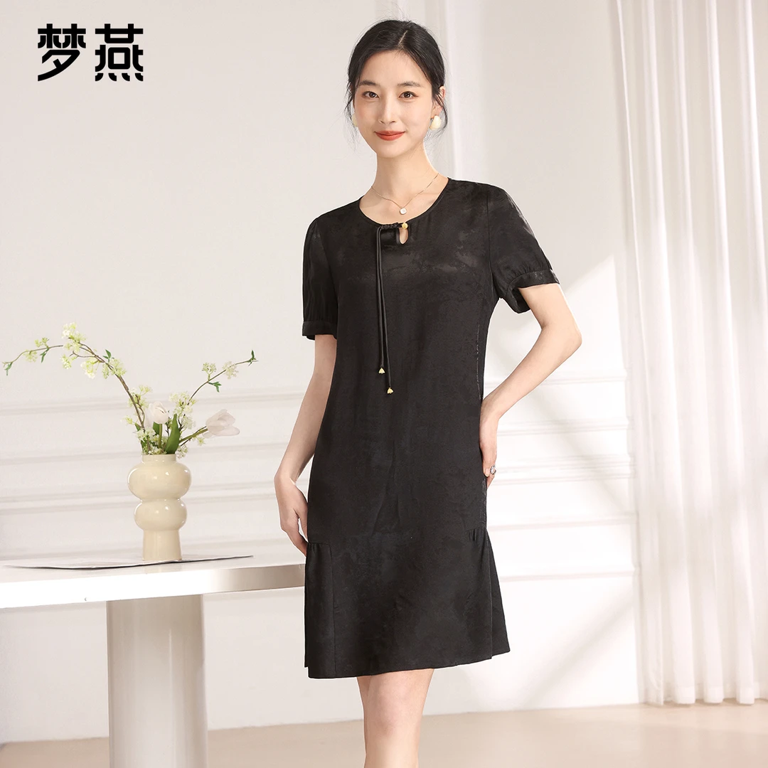 梦燕夏季女款时尚百搭圆领休闲旗袍修身优雅气质连衣裙BB02B4039