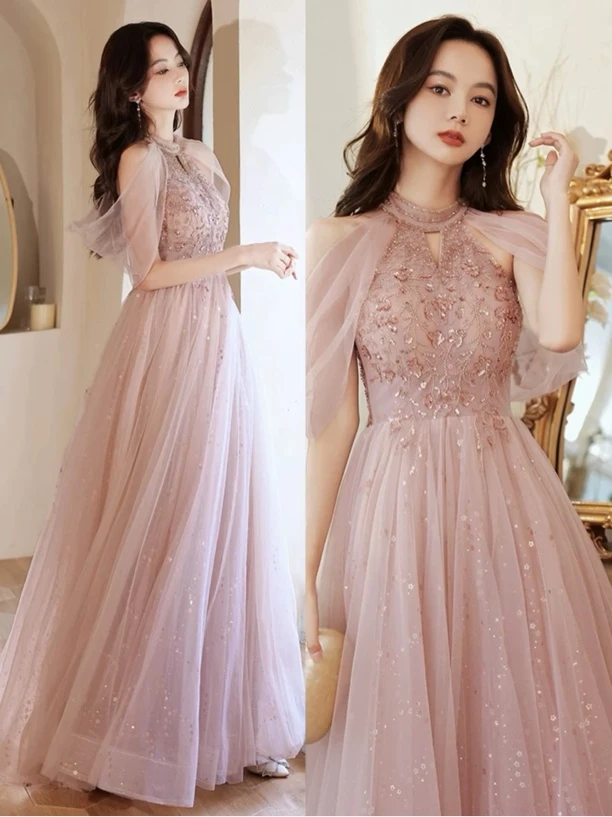 直播链接断码特价粉色仙气晚礼服轻奢宴会气质学生主持人艺考生日