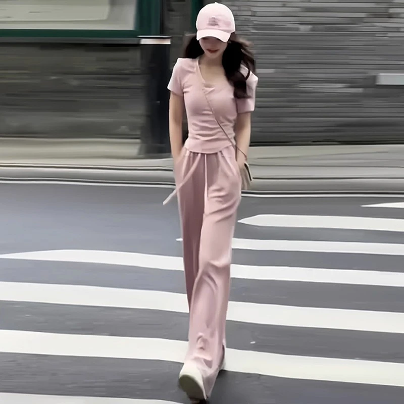 小个子粉色套装女夏季时尚洋气减龄纯欲风短袖阔腿长裤显瘦两件套
