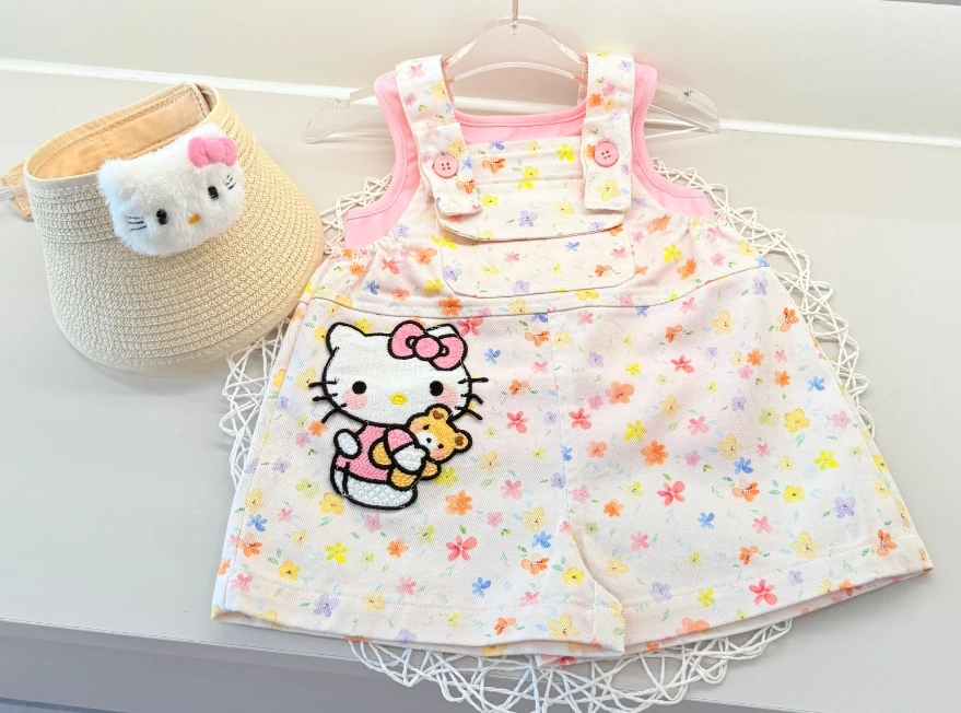 女童夏季卡通清凉背带裤+背心两件套猫咪连体韩版女宝套装XY2508