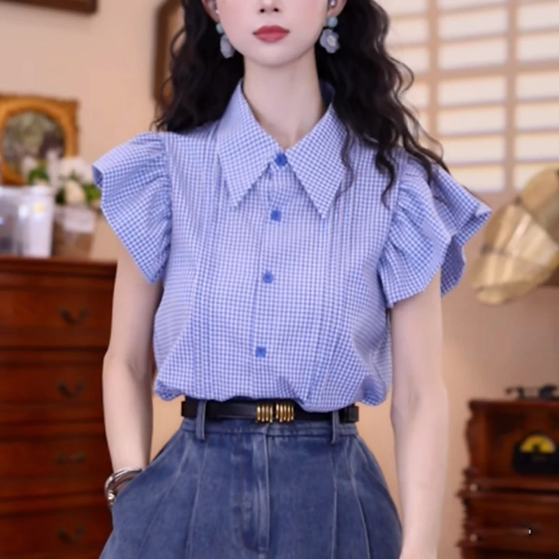 蓝色格子气质衬衫女士夏季2025新款时尚显瘦职业设计感飞飞袖上衣