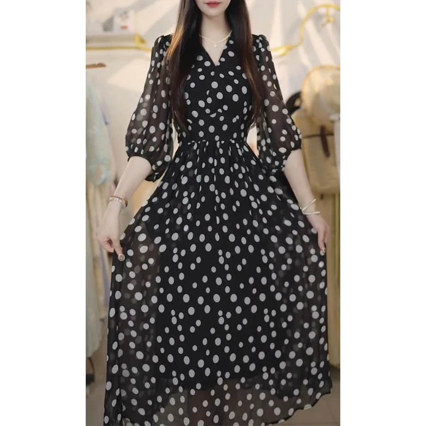 L5331连衣裙2025收腰显瘦夏季时尚中长款新款印花裙子