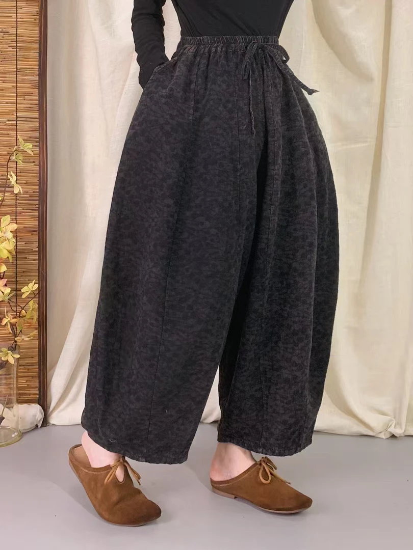 文艺复古提花炒色春季新款棉麻裤宽松南瓜裤休闲百搭松紧腰灯笼裤