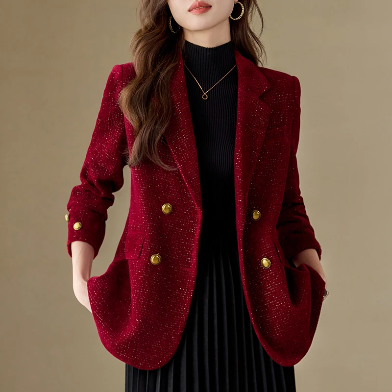 红色小香风毛呢西装外套女2025新款高级感小个子休闲小西装女外套