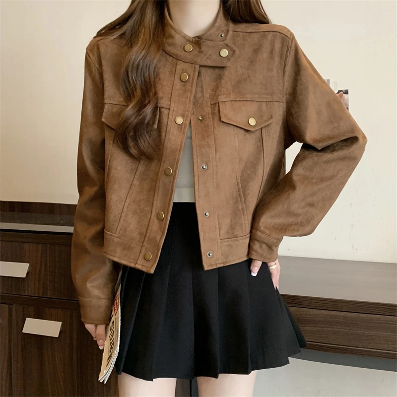 秋冬新款休闲外套女大码胖mm短款机车服复古高级感夹克上衣