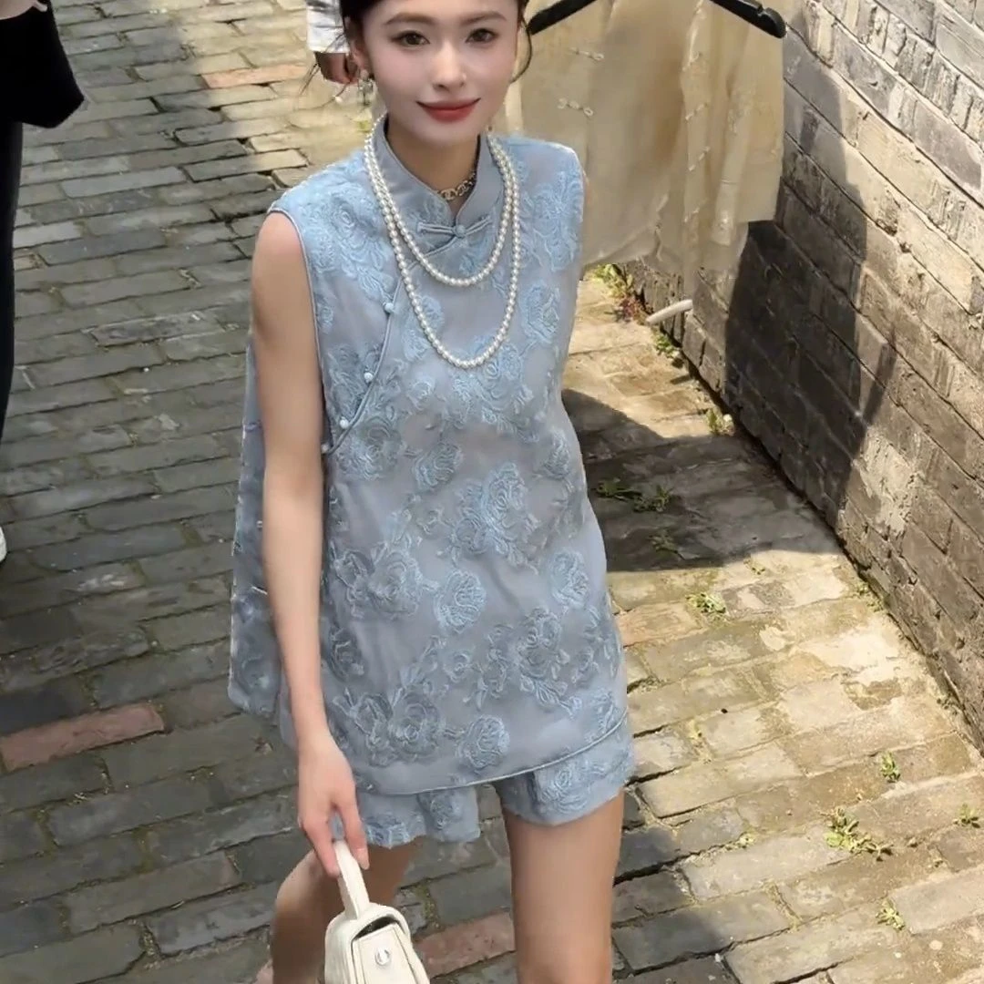 单/套装 国风新中式高级感夏季爆款宽松休闲无袖上衣短裤两件套潮