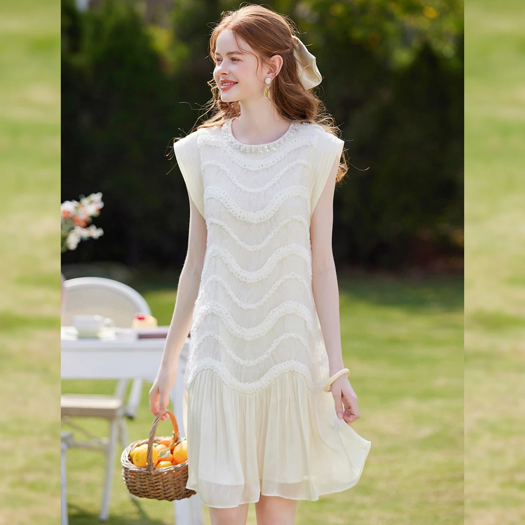 【商场同款新品】白鹿语夏时尚气质圆领钉珠肌理感连衣裙女YU20372