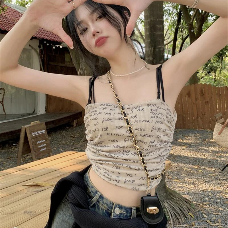 美式复古辣妹字母印花吊带背心女美背内衣短款抹胸无袖内搭上衣夏