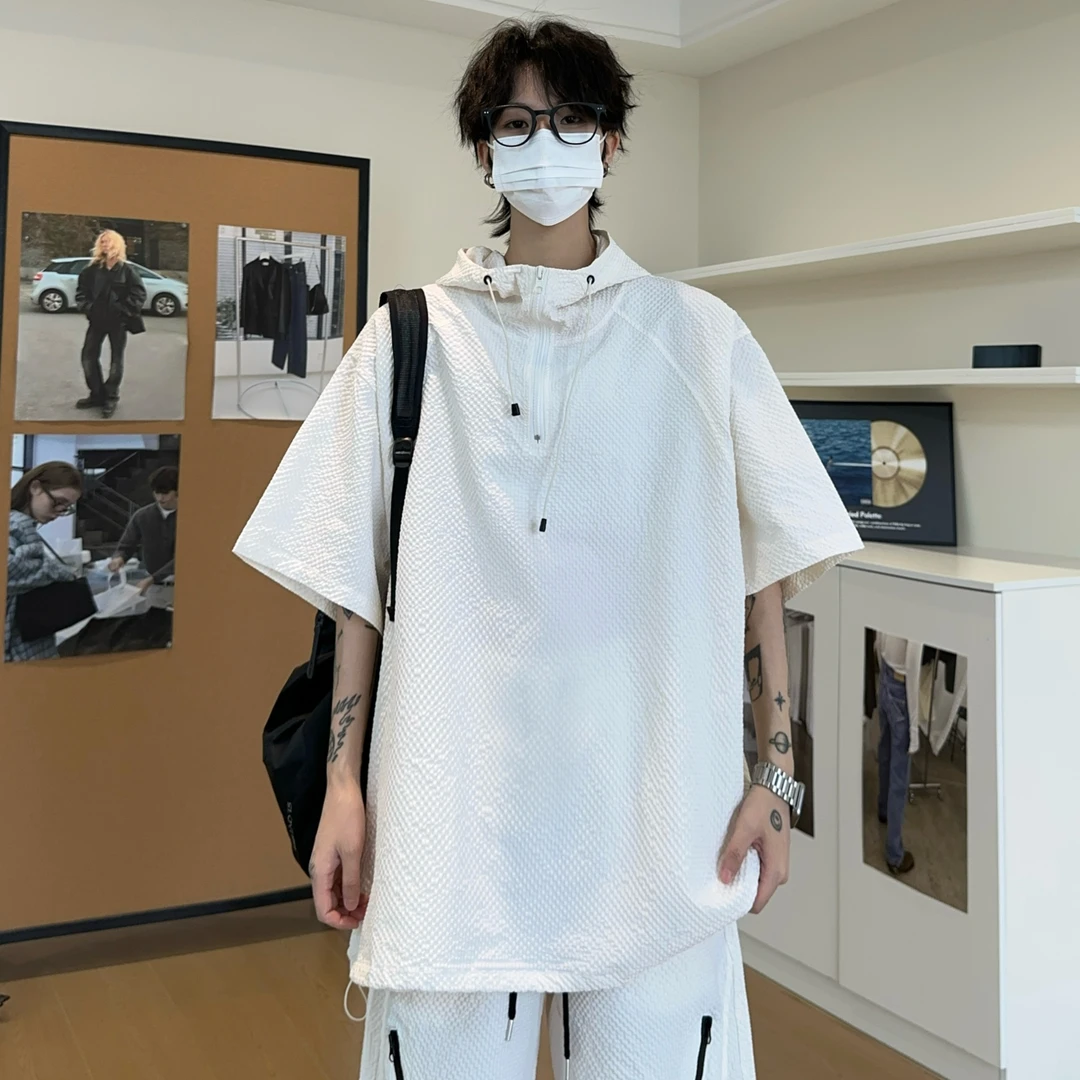 【连帽泡泡纱防晒套装】夏季潮男短袖情侣百搭美式宽松T恤短裤套装