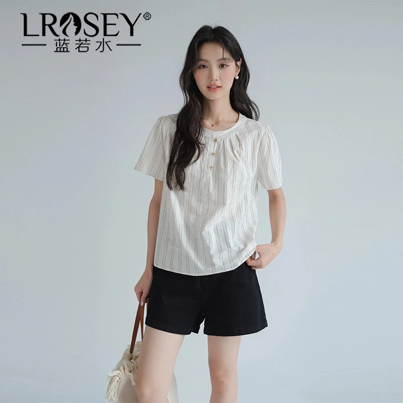 Lrosey/蓝若水大码女装压褶圆领竖条纹衬衫显瘦气质上衣86771