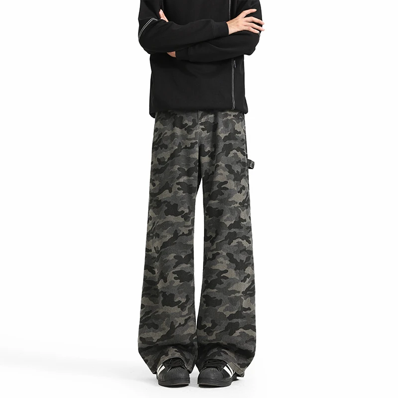 美式原宿高街迷彩休闲裤男潮牌水洗设计弯刀裤垂感显瘦宽松牛仔裤