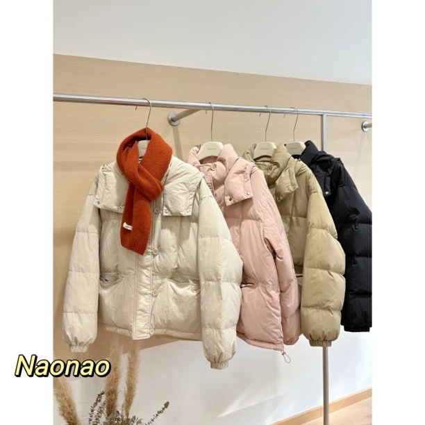 Naonao～清清清  冬季韩系扣子款连帽羽绒服白鸭绒外套