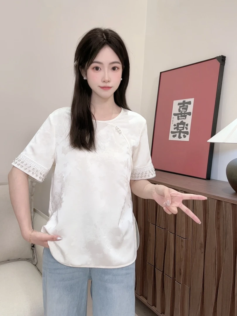 【南枝】2025夏季显瘦设计师T恤女宽松休闲百搭半袖女圆领中式