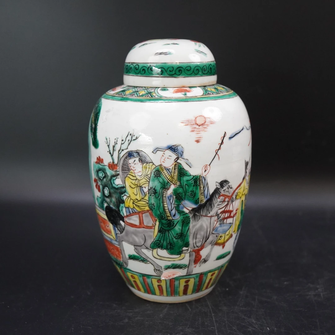 Lot.25100668清光绪五彩开窗人物故事盖罐 高：约22.7cm
