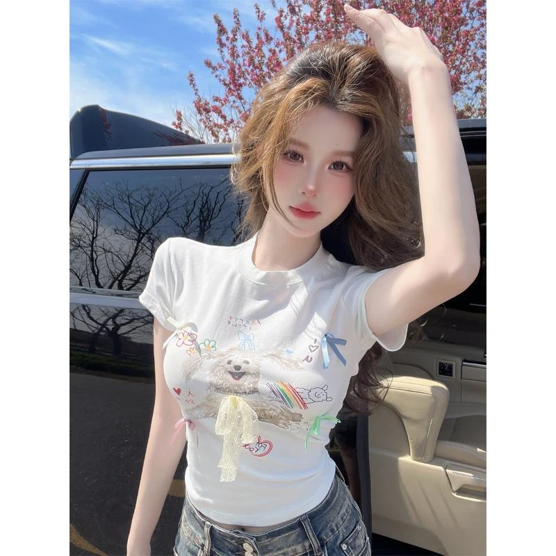 夏季新款狗狗刺绣立体蝴蝶结短袖T恤女修身时尚百搭短款正肩上衣