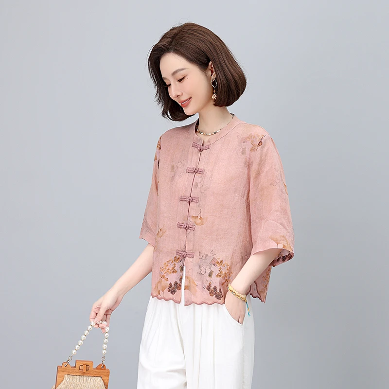 新中式衬衫女短袖2025夏季新款轻奢高级感国风妈妈盘扣纯苎麻上衣