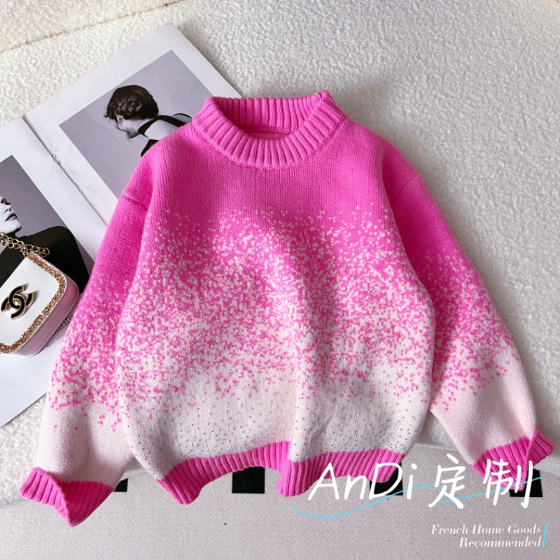 〖ANDI〗安迪秋冬款新款女童毛衣设计感满天星渐变色镶钻毛衣5346
