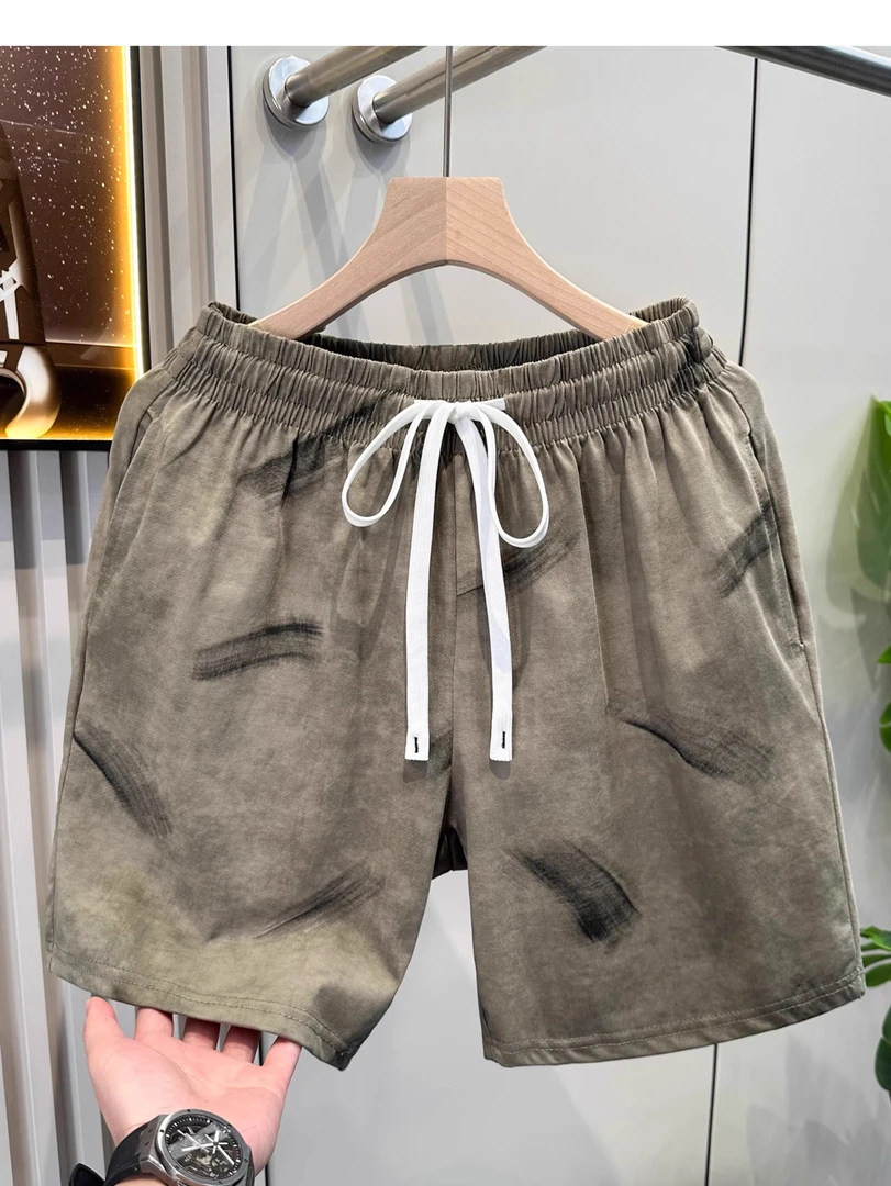 泼墨画扎染高奢棉感短裤男士夏季重工混色扎染四分裤透气运动裤