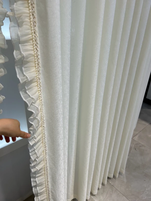 煜宁 高端客厅阳台卧室小清新透光不透人窗纱（奶黄色+珍珠花边）