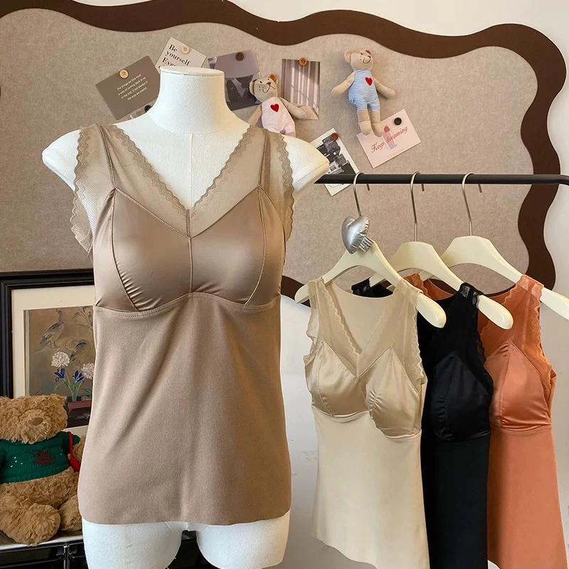 法式2025早春新款轻奢拼接网纱加厚一体式舒适长款吊带背心上衣女