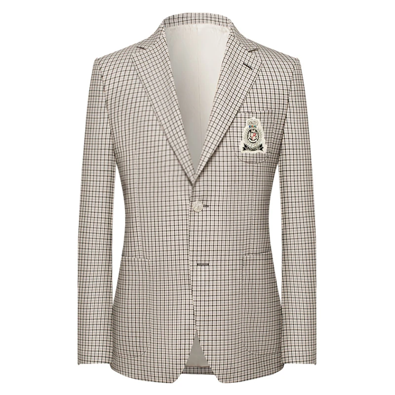 本派男士「白色格纹羊毛徽章休闲西服」新款英伦高级感修身西装外套
