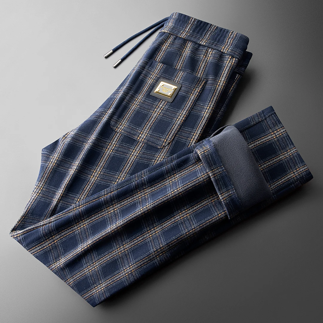 男士运动卫裤冬季高端英伦风毛呢格纹保暖加绒加厚微阔直筒休闲裤