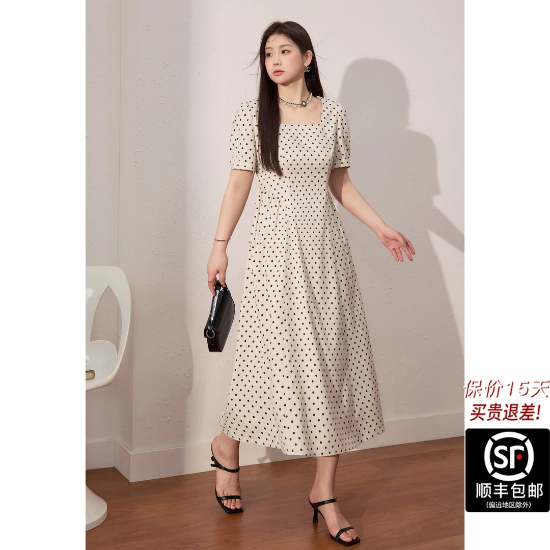 蓝语大码女装气质优雅方领波点连衣裙夏新款胖mm收腰显瘦a字长裙