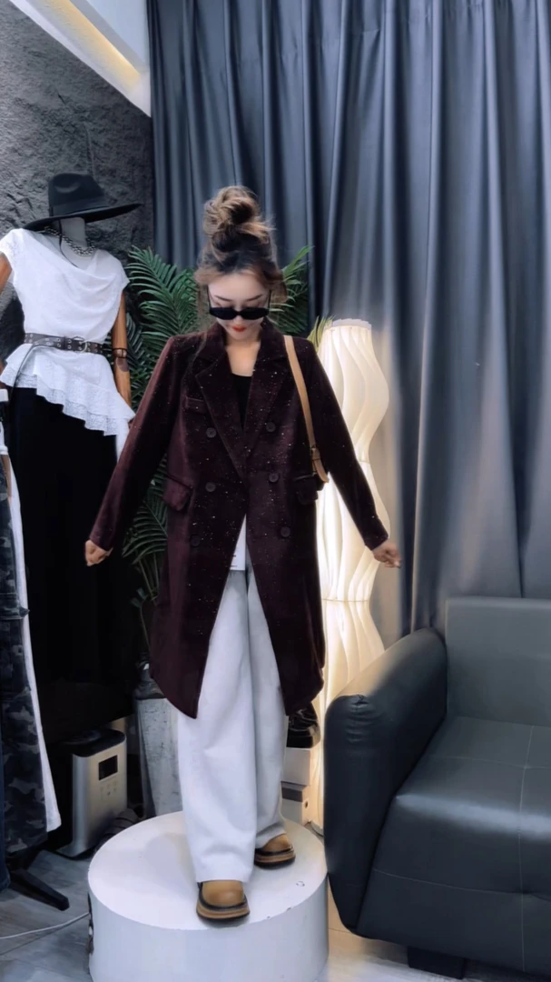 中长款灯芯绒外套 宽松显瘦黑色加厚西装大衣女秋冬新款