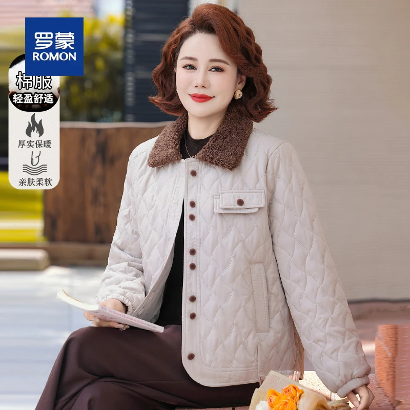 罗蒙中年妈妈秋冬装棉衣轻薄款小棉袄新款外套中老年女士宽松棉服