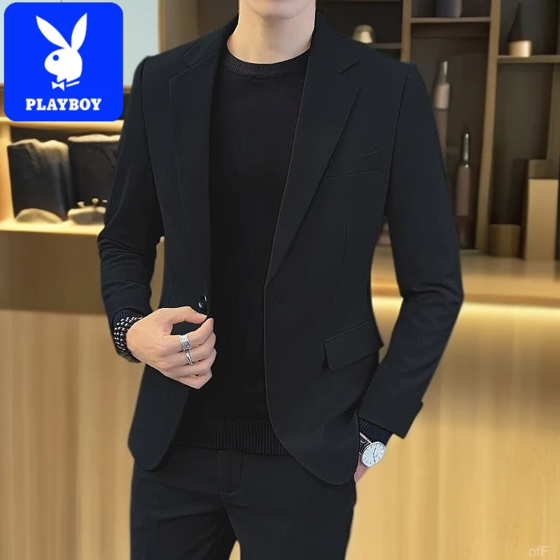 花花公子黑色西服套装男士衣服潮帅气修身冬季流上休闲小西装外套