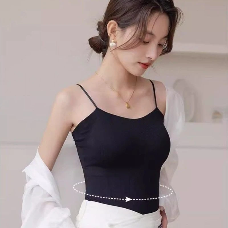 新款玻尿酸吊带背心打底内搭带胸垫外穿露背冰丝美背辣妹上衣女