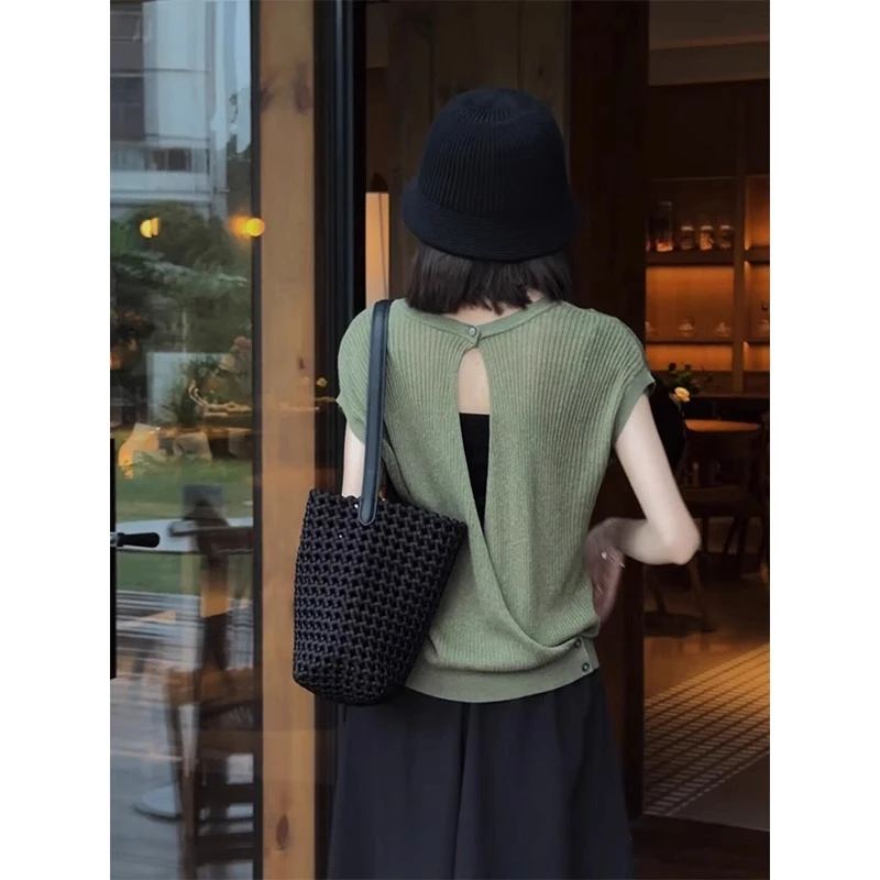 韩系绿色冰丝小飞袖后背镂空短袖t恤小个子修身针织衫上衣女夏季