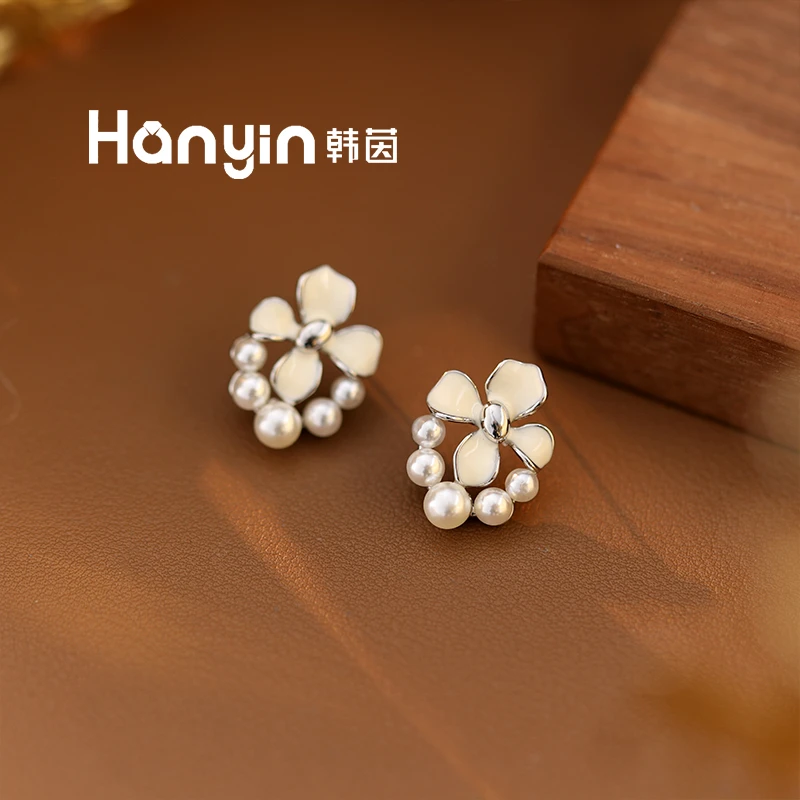 铜合金珐琅耳饰 925银针 渐变珠珠花瓣法式轻奢百搭时尚气质耳钉