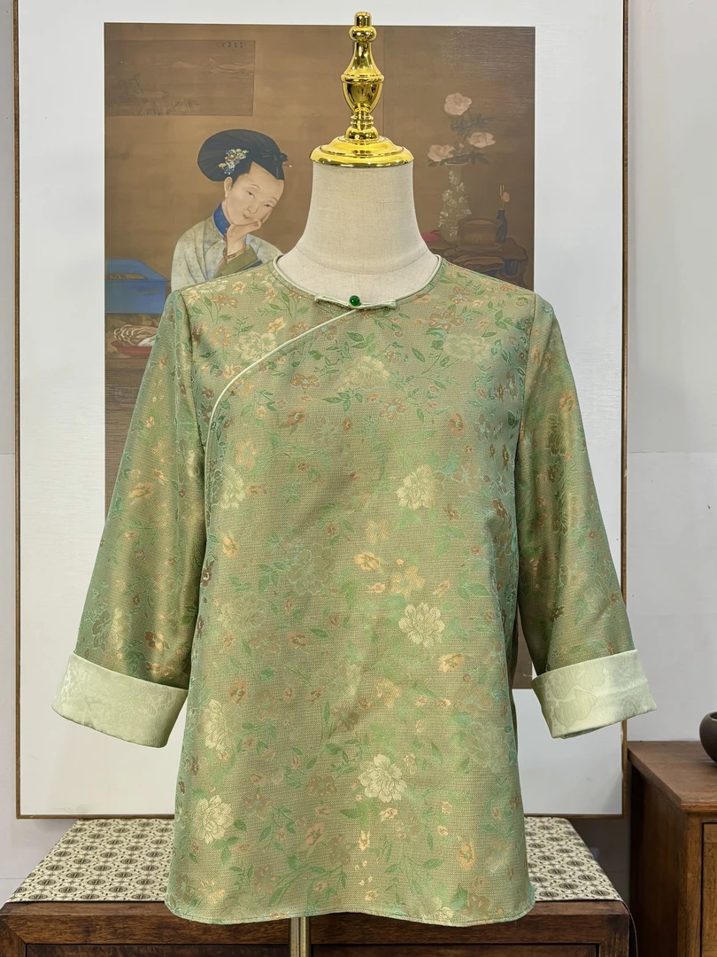 【青罗绮梦】桑蚕丝异色罗夏季薄款斜襟圆领青色新中式上衣250535