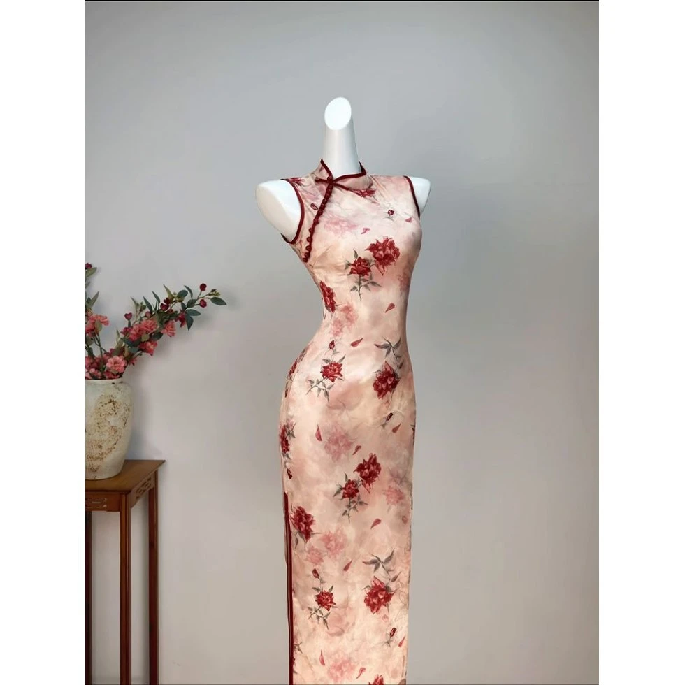 裙子优品新中式绝美玫瑰碎花连衣裙新款日常旗袍改良经典中式旗袍