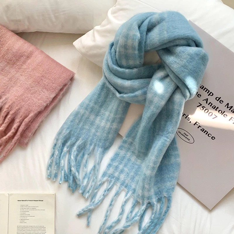 秋冬新款温柔蓝格子围巾