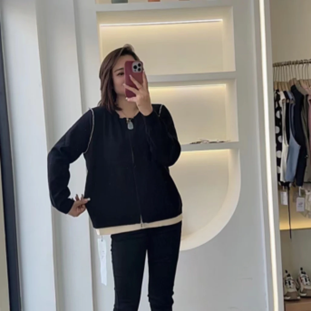 圆领拉链弹力显瘦百搭假两件拼色针织衫9221